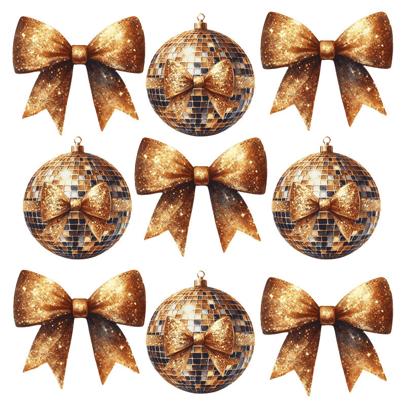 A stylish arrangement of shimmering gold disco ball ornaments paired with sparkling bows, perfect for festive decor.DTF Transfers