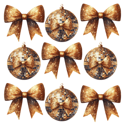 A stylish arrangement of shimmering gold disco ball ornaments paired with sparkling bows, perfect for festive decor.DTF Transfers