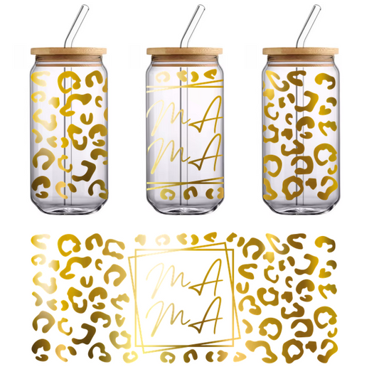 Stylish logo featuring a gold leopard print background with elegant cursive lettering in a decorative square frame.UV Transfers