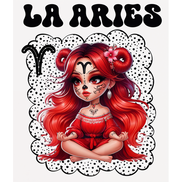 Una ilustración vibrante y divertida de una niña con cuernos de carnero y cabello rojo, que encarna el signo zodiacal Aries en un estilo caprichoso.