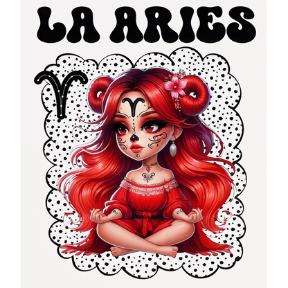 Una ilustración vibrante y divertida de una niña con cuernos de carnero y cabello rojo, que encarna el signo zodiacal Aries en un estilo caprichoso.