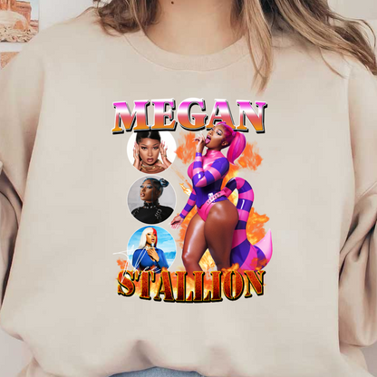 Bold and dynamic collage featuring Megan Thee Stallion in vibrant outfits, showcasing her striking style and confident persona.DTF Transfersdtf regular iron