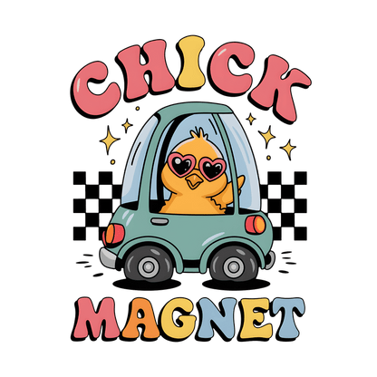 A playful illustration features a cute chick wearing heart-shaped sunglasses, sitting in a teal toy car with colorful "Chick Magnet" text.DTF Transfers