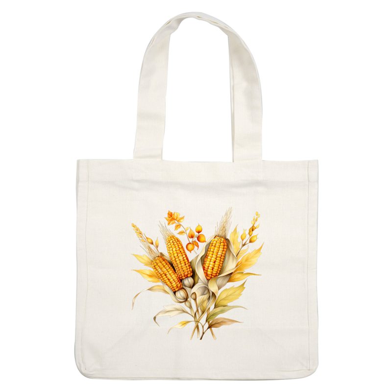 A beautiful illustration of three golden corn cobs surrounded by vibrant autumn leaves and delicate wildflowers.dtf regular iron