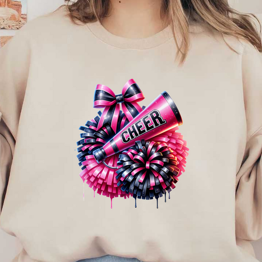 A vibrant cheerleading arrangement featuring pink and black pom-poms, a "CHEER" megaphone, and a stylish bow.DTF Transfers dtf prints