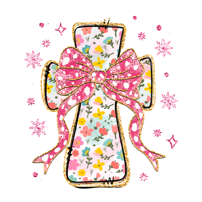 A whimsical flower-patterned cross adorned with a large pink polka-dot bow, surrounded by sparkling accents for a festive touch.DTF Transfersdtf regular iron