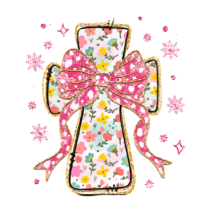 A whimsical flower-patterned cross adorned with a large pink polka-dot bow, surrounded by sparkling accents for a festive touch.DTF Transfersdtf regular iron