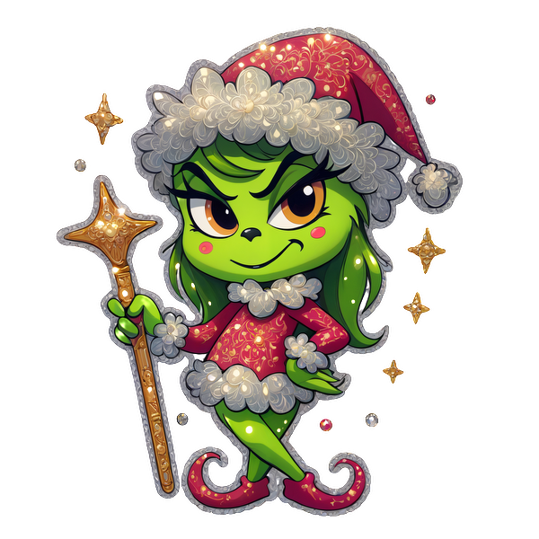 This whimsical green character, dressed in a festive red outfit with a sparkly wand, embodies the holiday spirit with a cheeky charm.DTF Transfers