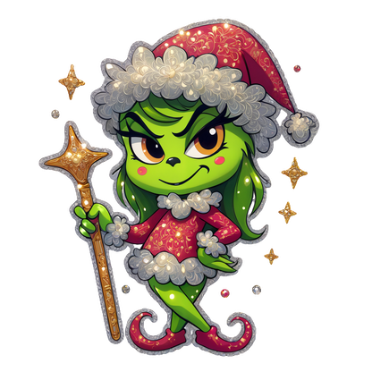 This whimsical green character, dressed in a festive red outfit with a sparkly wand, embodies the holiday spirit with a cheeky charm.DTF Transfers