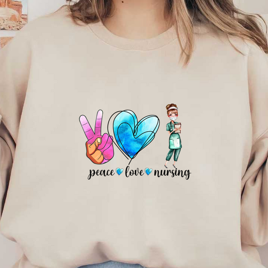 A colorful illustration featuring a peace sign, a blue heart, and a nurse holding notes, symbolizing care and positivity.DTF Transfers