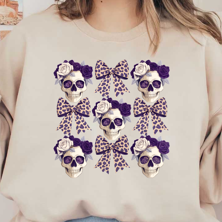 Una divertida variedad de calaveras decorativas adornadas con flores violetas y elegantes lazos con estampado de leopardo, que combinan diversión y elegancia.