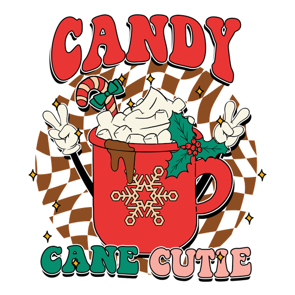 Celebre el espíritu navideño con este gráfico vibrante "Candy Cane Cutie" que presenta una divertida taza de chocolate caliente cubierta con crema batida.