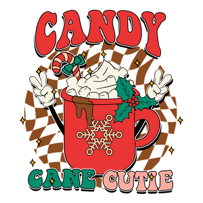 Celebre el espíritu navideño con este gráfico vibrante "Candy Cane Cutie" que presenta una divertida taza de chocolate caliente cubierta con crema batida.