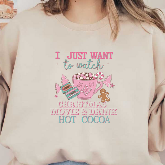 Cozy holiday design featuring a whimsical mug of hot cocoa, Christmas movies, and festive elements like gingerbread and candy canes.dtf regular iron