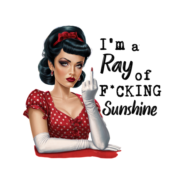 A vintage-style illustration of a woman in a polka dot dress and white gloves, exuding confidence with a cheeky gesture. dtf prints