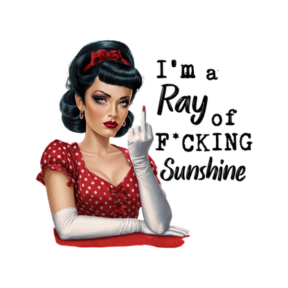 A vintage-style illustration of a woman in a polka dot dress and white gloves, exuding confidence with a cheeky gesture. dtf prints