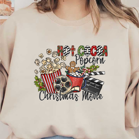 Cozy up for the holidays with this festive graphic featuring popcorn, hot cocoa, and a Christmas movie theme!DTF Transfersdtf regular iron dtf transfers