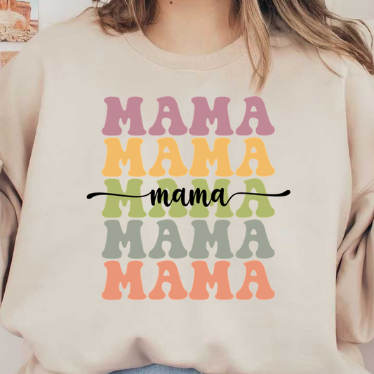 A colorful and playful design featuring the word "MAMA" in various hues, perfect for celebrating motherhood. heat press transfers