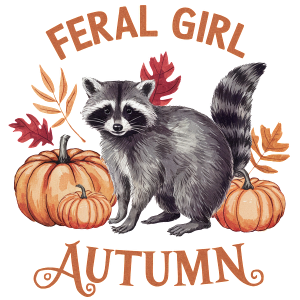 Whimsical autumn design featuring a charming raccoon surrounded by pumpkins and fall leaves, with "Feral Girl Autumn" text.