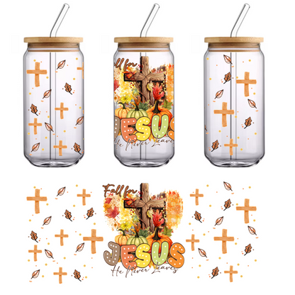 Una vibrante ilustración con temática otoñal que presenta calabazas, hojas coloridas y una cruz de madera, con la palabra "Jesús" en letras en negrita. Transferencias UV