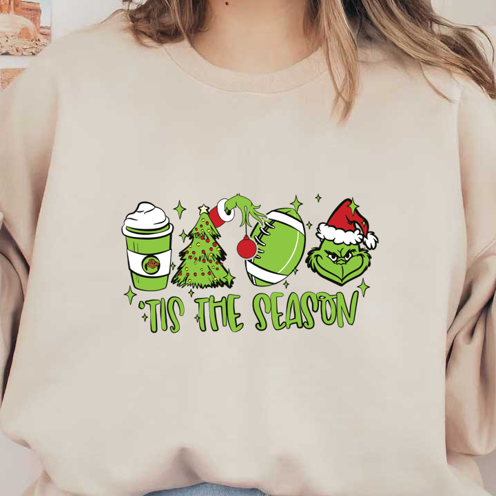 Celebrate the holiday spirit with this playful graphic featuring a festive drink, Christmas tree, football, and the Grinch!DTF Transfers heat press transfers heat press transfers