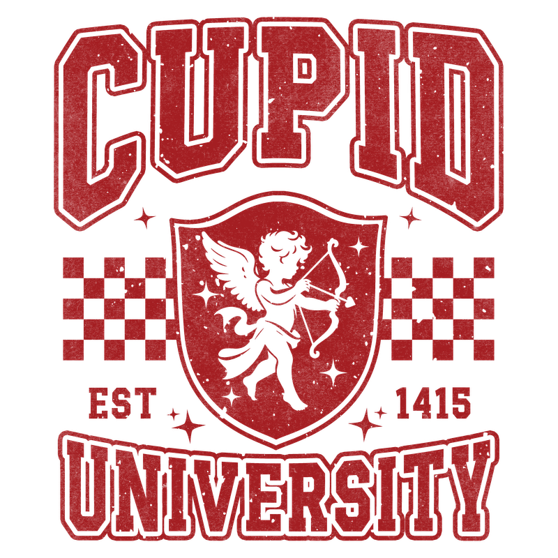 A playful logo featuring "Cupid University," established in 1415, with a cherubic figure and vintage-style graphics.DTF Transfers