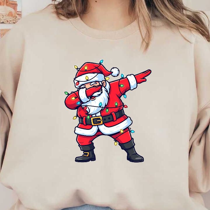 Jolly Santa dabbing in a festive outfit adorned with colorful Christmas lights!DTF Transfers