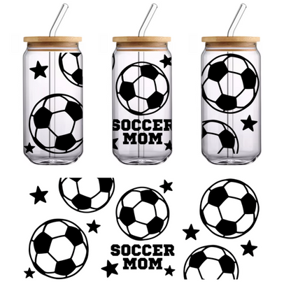 A fun design featuring multiple soccer balls and the text "Soccer Mom," perfect for showing support for youth soccer.UV Transfers dtf prints