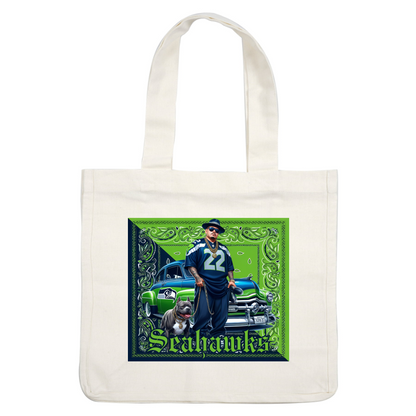 Una ilustración vibrante que presenta a un fanático del fútbol con una camiseta de los Seahawks, un perro elegante y un auto clásico de fondo.