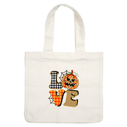 A festive Halloween-themed design featuring colorful, playful letters spelling "LOVE" alongside a pumpkin with a spooky face. dtf prints