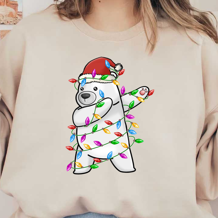 A cheerful cartoon polar bear in a Santa hat is playfully wrapped in colorful Christmas lights. heat press transfers