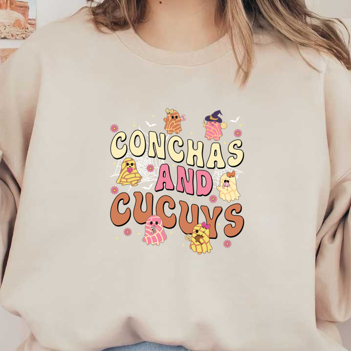 Un diseño caprichoso con simpáticos personajes de conchas y cucuy, colores brillantes y un texto divertido que dice "Conchas y Cucuy".