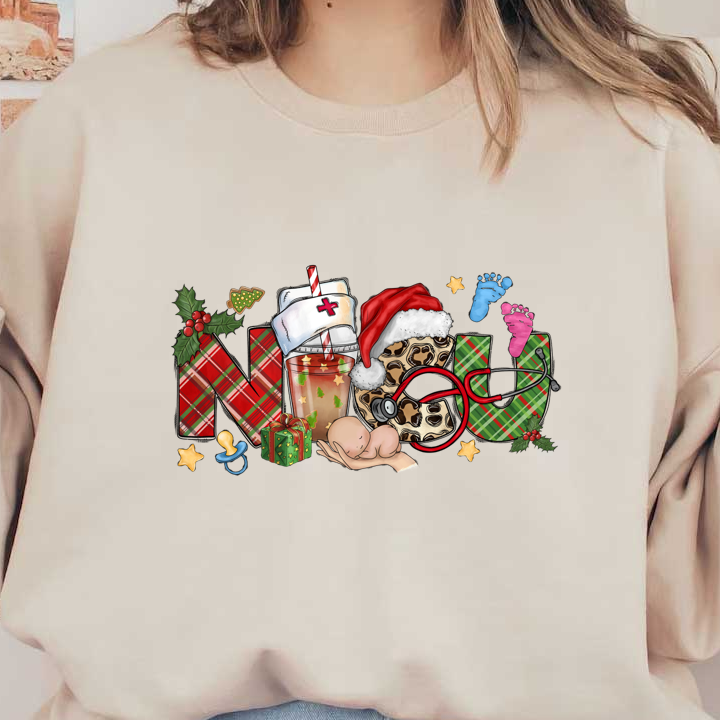 A festive "NICU" design featuring holiday elements like a Santa hat, a medical symbol, and baby footprints, perfect for celebrating neonatal care.DTF Transfers heat press transfers heat press transfers