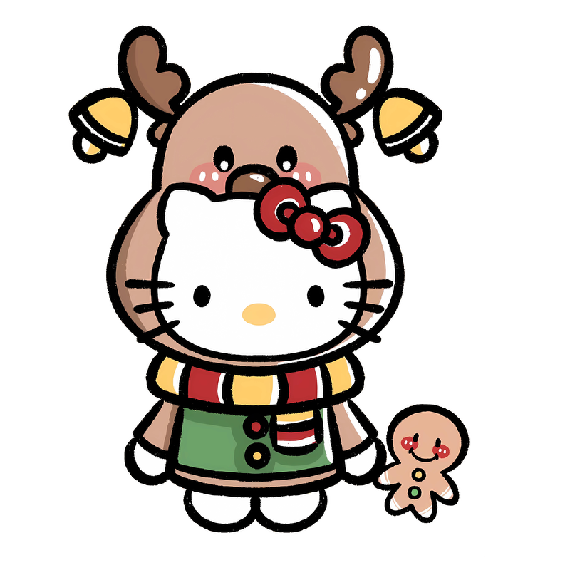 This festive illustration features Hello Kitty dressed in winter attire, accompanied by a reindeer and a cheerful gingerbread cookie.DTF Transfers