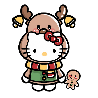 This festive illustration features Hello Kitty dressed in winter attire, accompanied by a reindeer and a cheerful gingerbread cookie.DTF Transfers