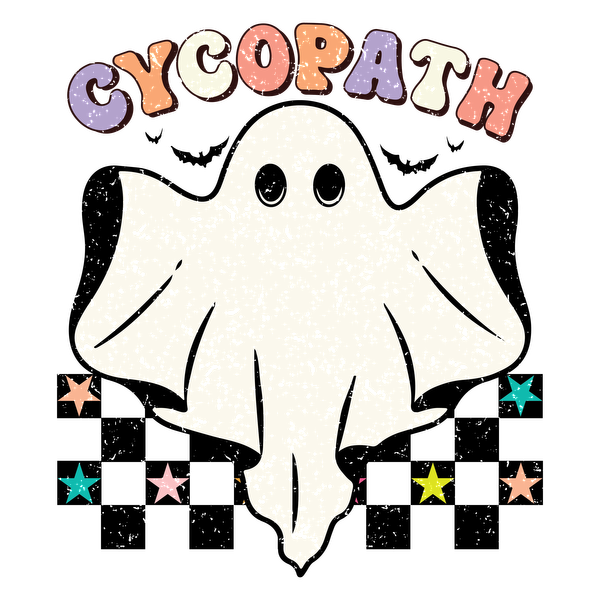 Playful design featuring a cute ghost with the word "Cycopath" above and colorful stars around it, perfect for Halloween! heat press transfers