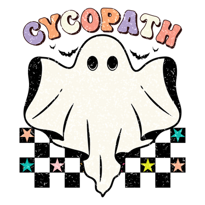 Playful design featuring a cute ghost with the word "Cycopath" above and colorful stars around it, perfect for Halloween! heat press transfers