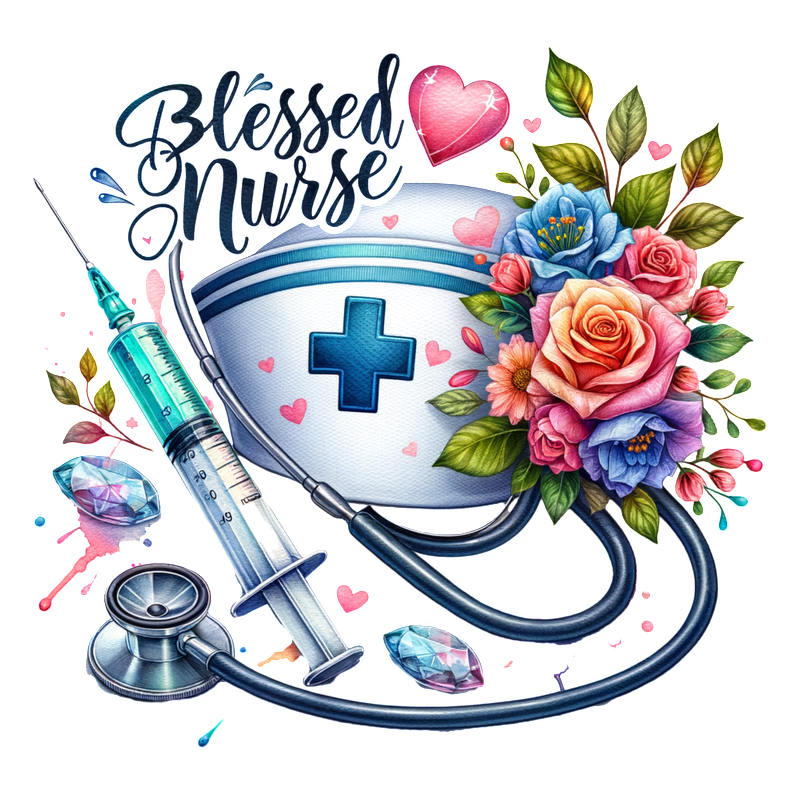 A beautiful design celebrating nurses, featuring a stethoscope, syringe, and floral elements with the words "Blessed Nurse."DTF Transfers