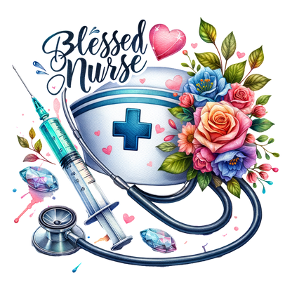 A beautiful design celebrating nurses, featuring a stethoscope, syringe, and floral elements with the words "Blessed Nurse."DTF Transfers