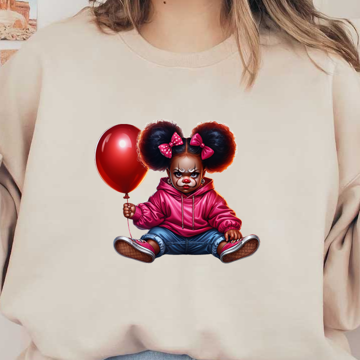 Una niña payaso juguetona con cabello grande se sienta sosteniendo un globo rojo, viste una sudadera con capucha rosa y jeans azules.