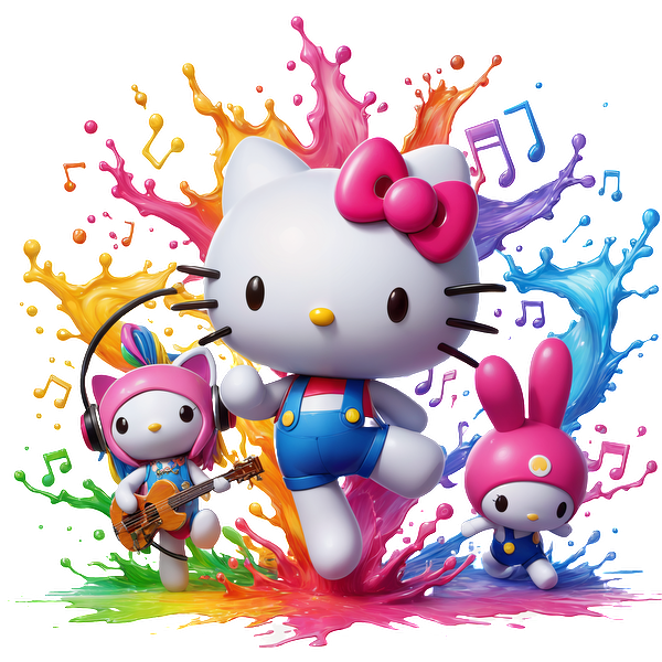 Una ilustración vibrante de Hello Kitty y sus amigos, rodeada de salpicaduras de colores y notas musicales, que muestra una escena divertida y animada. Transferencias DTF