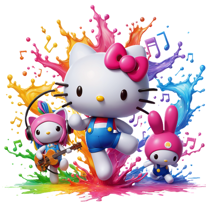 Una ilustración vibrante de Hello Kitty y sus amigos, rodeada de salpicaduras de colores y notas musicales, que muestra una escena divertida y animada. Transferencias DTF