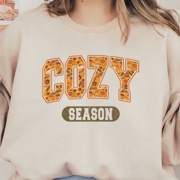 Celebrate the warmth of fall with this vibrant "Cozy Season" design featuring autumnal motifs like pumpkins and warm drinks.dtf regular iron dtf transfers