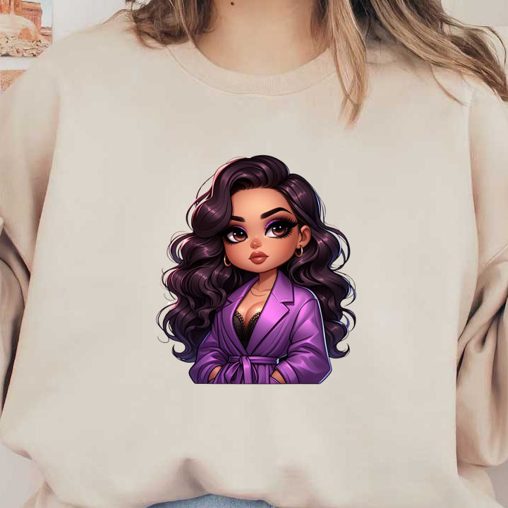 A stylish cartoon character showcasing long, wavy hair and bold makeup, wearing a chic lavender robe. dtf transfers