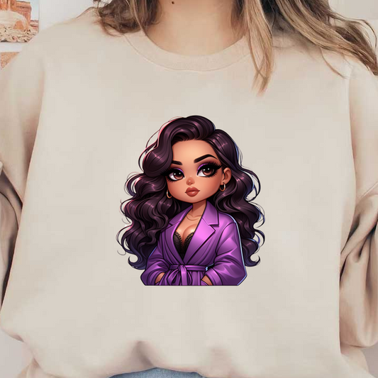 A stylish cartoon character showcasing long, wavy hair and bold makeup, wearing a chic lavender robe. dtf transfers