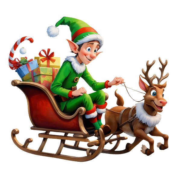 A cheerful elf in a green outfit rides a sleigh pulled by a smiling reindeer, surrounded by colorful gifts.DTF Transfers dtf transfers