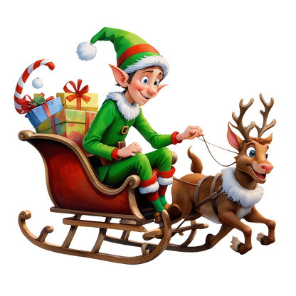 A cheerful elf in a green outfit rides a sleigh pulled by a smiling reindeer, surrounded by colorful gifts.DTF Transfers dtf transfers