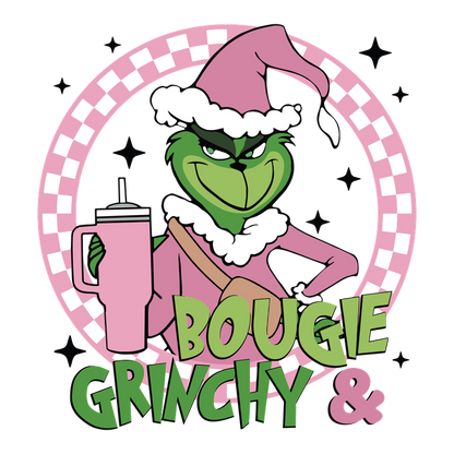 Meet the stylish Grinch, decked out in pink with a festive hat, holding a drink and radiating holiday charm!DTF Transfers dtf prints