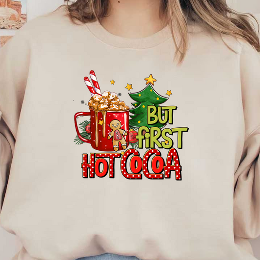 "Festive design featuring a red mug of hot cocoa, topped with marshmallows, alongside a Christmas tree and cheerful text." dtf prints