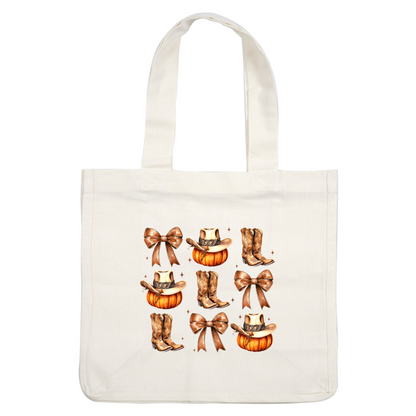 A whimsical collection of cowboy boots, hats, and pumpkins adorned with brown bows, perfect for a rustic fall theme. dtf prints